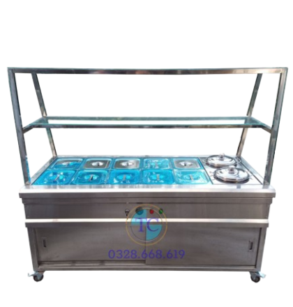 Tủ Giữ Nóng Thực Phẩm 10 Khay GN1/2 + 2 Nồi (Quầy Kính)