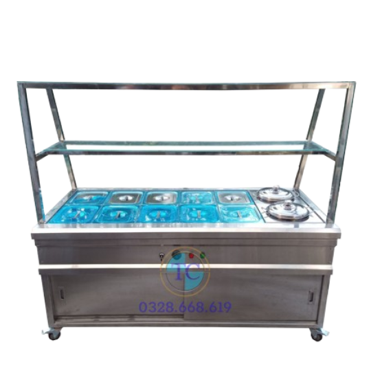 Tủ Giữ Nóng Thực Phẩm 10 Khay GN1/2 + 2 Nồi (Quầy Kính)